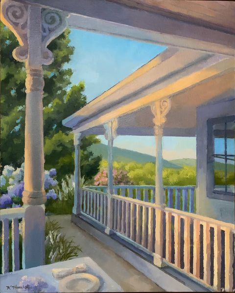Painting of a porch with floral decorations and a scenic background