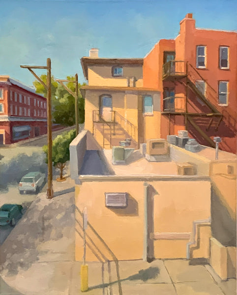 State Street in Summer, oil on linen panel painting by Cerulean Arts Collective Member Kimberly Hoechst.&nbsp; From her solo exhibition April 10 - May 5, 2024.&nbsp; &nbsp;20" H x 18" W; Framed size 21 5/8" H x 17 5/8" W