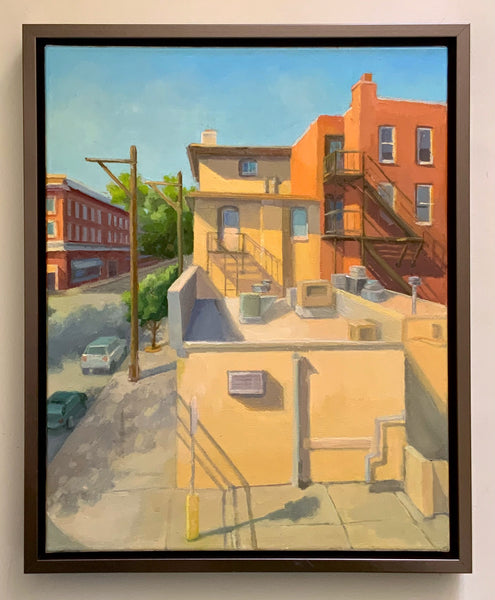 State Street in Summer, oil on linen panel painting by Cerulean Arts Collective Member Kimberly Hoechst.&nbsp; From her solo exhibition April 10 - May 5, 2024.&nbsp; &nbsp;20" H x 18" W; Framed size 21 5/8" H x 17 5/8" W