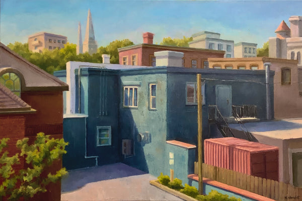 Painting of an urban street with colorful buildings and a clear sky.