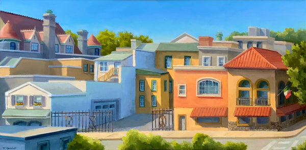 Colorful houses in a residential area with trees and clear sky