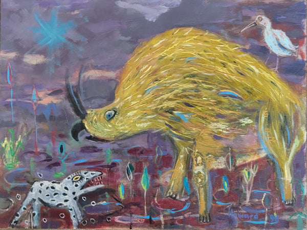 Abstract painting of a large creature and a smaller one with a stylized background