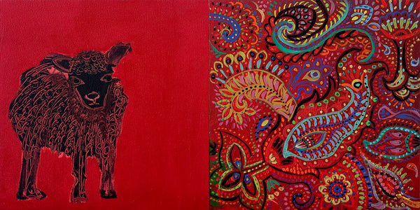 Two abstract designs on a red background, one featuring a black silhouette of a sheep and the other a colorful paisley pattern.