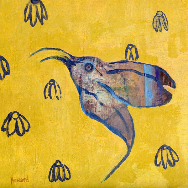 Abstract painting of a winged creature with blue shapes on a yellow background
