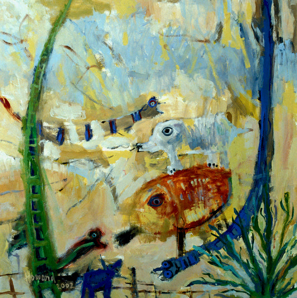 Abstract painting of different creatures including snakes with a textured background