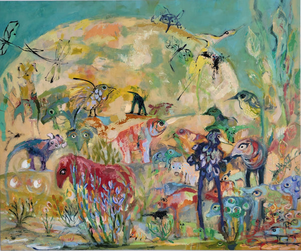 Colorful abstract painting with animals and nature elements