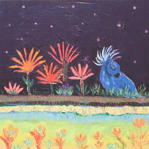A colorful painted scene featuring a blue bird with a white crest on the right, several bright orange and pink flowers, and a dark starry sky above, all rendered in an expressive textured style.