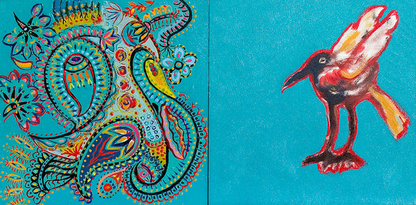 Two stylized birds on a blue background, one with intricate patterns and the other with a more abstract design.