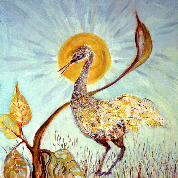 Artistic depiction of a bird with a sun and leaves in the background