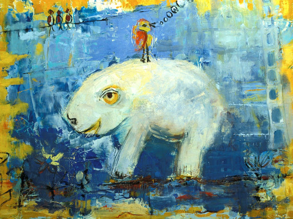 Abstract painting of a large white creature with a small figure on its back, set against a blue and yellow background.