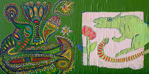 Two paintings side by side on a green background. One is a colorful, abstract patterned design of a creature, and the other is a painting of a dinosaur and snake