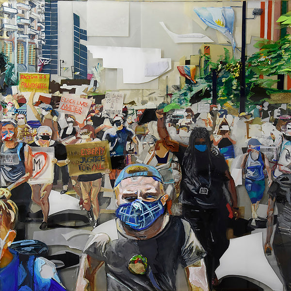 Painting of a protest scene with people holding signs and wearing masks.