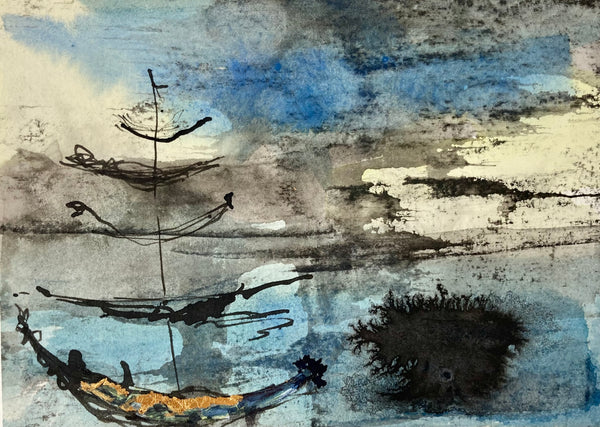 Ink and watercolor painting depicting an abstract seascape with boat.