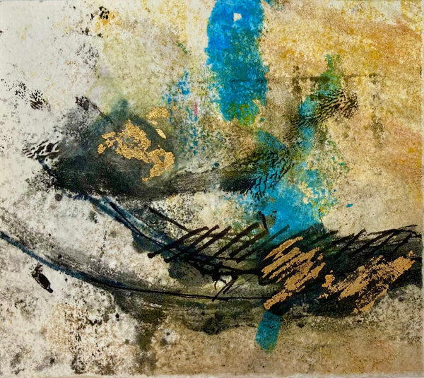 Abstract ink and watercolor painting with metal leaf in blue, black and gold.