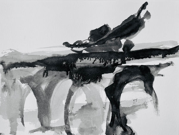 Ink on paper painting depicting abstracted boat and bridge forms.