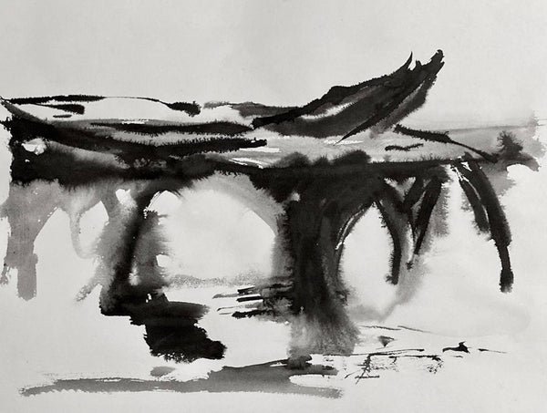 Ink on paper painting decpicting an abstracted boat and bridge.