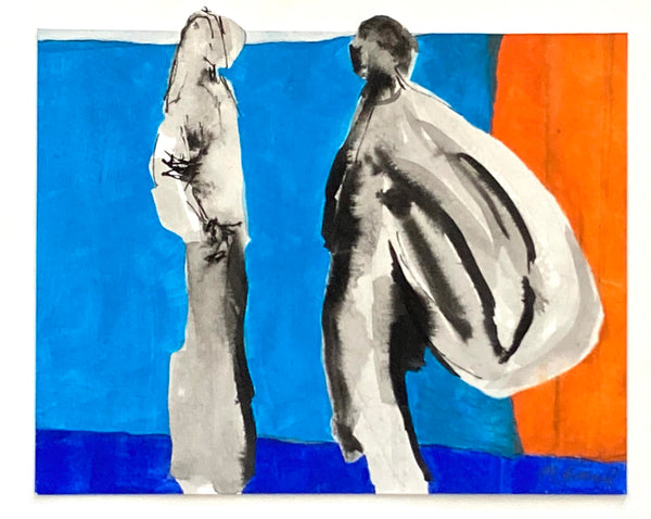 Abstract artwork with two figures against a blue and orange background