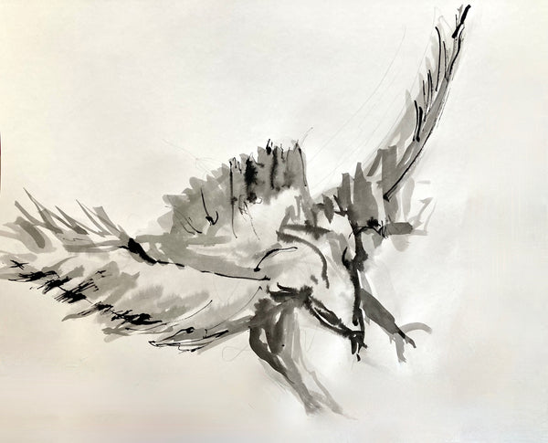 Black ink brushstroke painting of a bird in flight