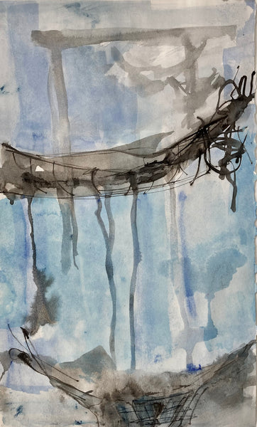 Ink and watercolor painting depicting an abstracted crane and boat.