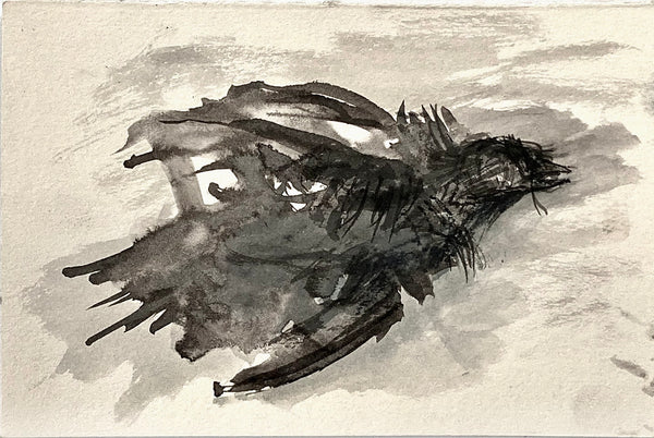 Abstract black ink drawing of a house sparrow