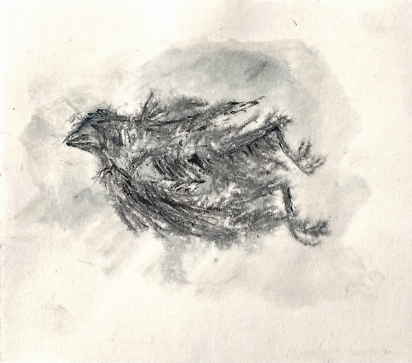 Ink on paper monoprint of a house sparrow