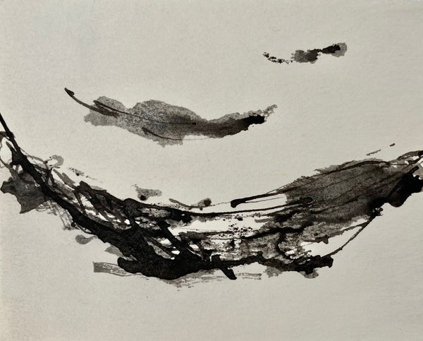 Abstract ink painting depicting three boat shapes.
