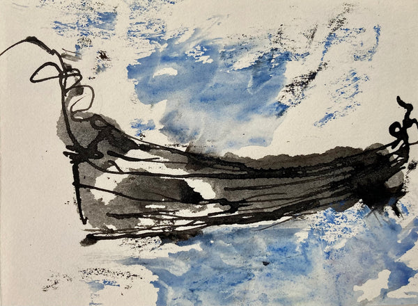 Abstract ink and waterclor painting of a boat in black, blue and white.