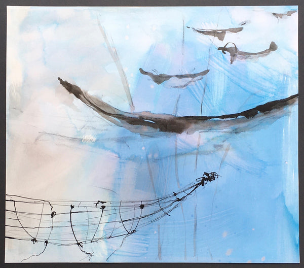 Abstract ink and watercolor painting of boat shapes in blue, back and white.