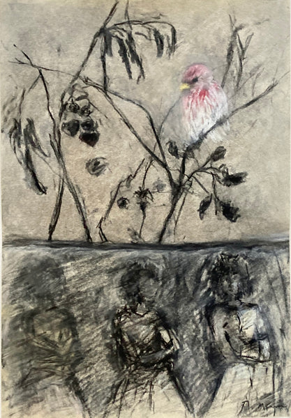 Charcoal drawing of a bird on a branch with three figures below