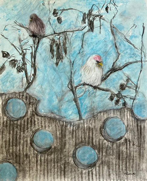 Charcoal and pastel drawing of birds on branches perched above a wall