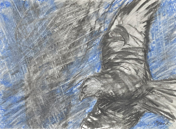 Abstract drawing of a bird in flight with blue and gray background