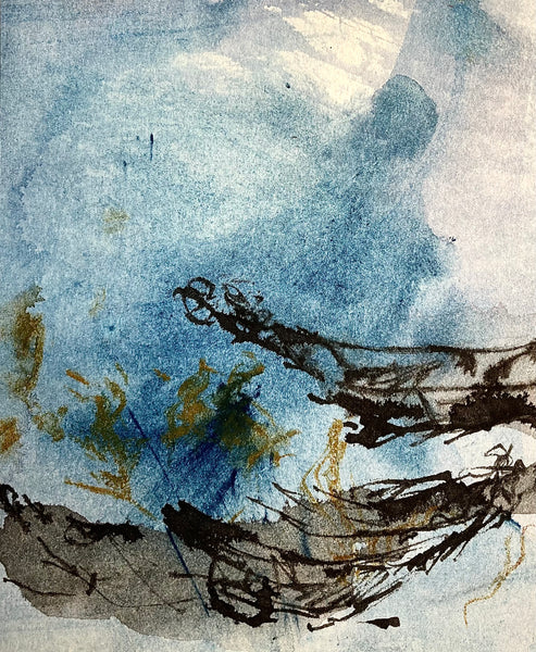 Abstract ink and watercolor painting in blue, black and gold suggesting boats in the sky.