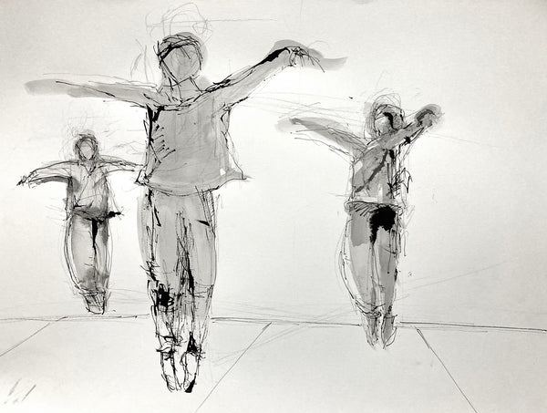 Black ink drawings of three abstract human figures dancing