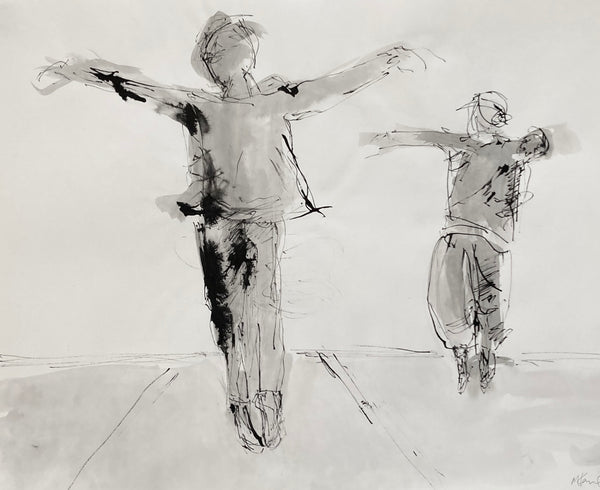 Black and white ink painting of two figures dancing 