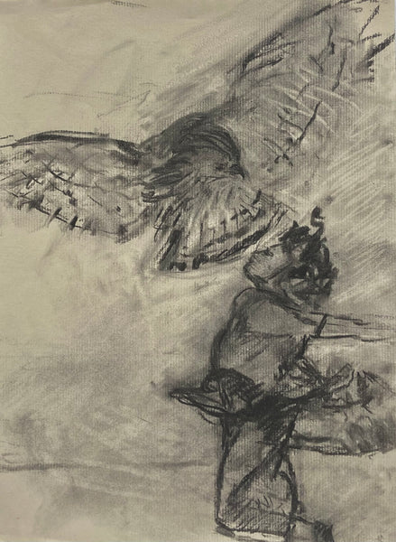 Charcoal sketch of a bird in flight with a person dancing below