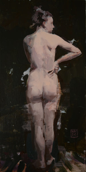 An oil painting of a nude female figure seen from behind, standing with her hand on her hip, rendered in warm flesh tones against a dark, textured background.