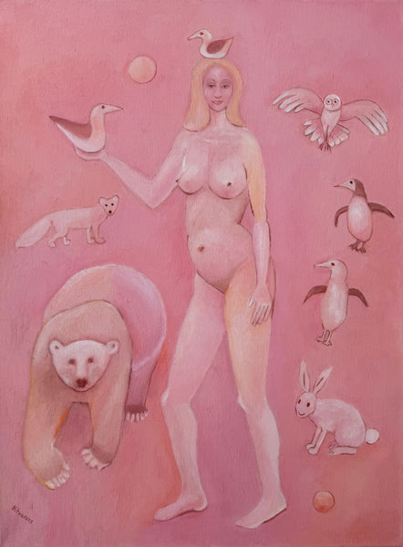 A surreal pink painting featuring a nude blonde woman standing beside a polar bear, with birds, penguins, a rabbit, and a small animal around her on a solid pink background.