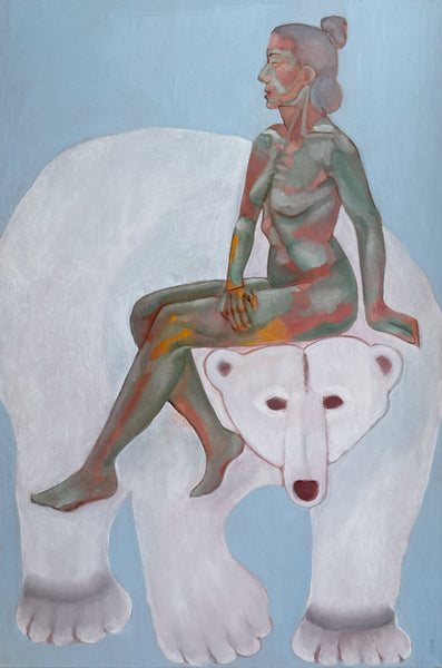 An oil painting depicting a nude woman with painted skin tones sitting on a polar bear against a light blue background.