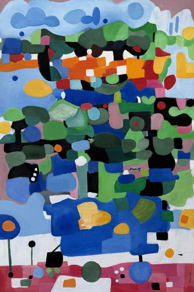 An abstract landscape painting featuring a stylized tree with geometric shapes in shades of green, blue, black, orange, yellow, pink, and white.