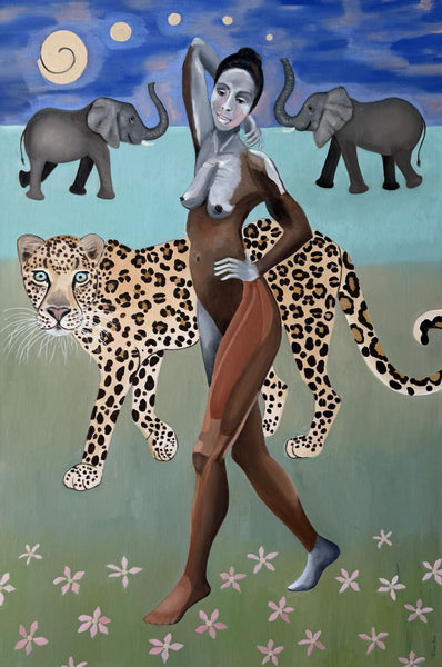 A surreal painted scene showing a nude woman standing in front of a spotted leopard, with two elephants and a moon in the blue sky behind her, against a green ground with small pink flowers.