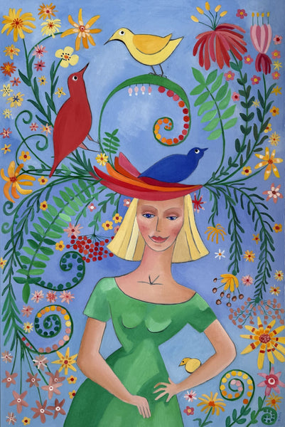 A colorful folk-art style painting of a woman with blonde hair wearing a green dress and a large floral hat, surrounded by birds and flowers on a blue background.