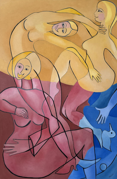 Abstract painting depicting stylized human figures in flowing lines and color blocks of gold, pink, blue, and brown.