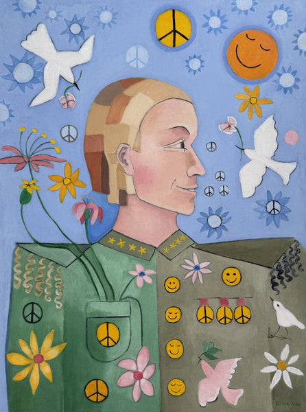 A colorful pop-art style painting of a smiling person in profile wearing a military-style jacket, surrounded by flowers, peace signs, white doves, smiley faces, and a blue background.