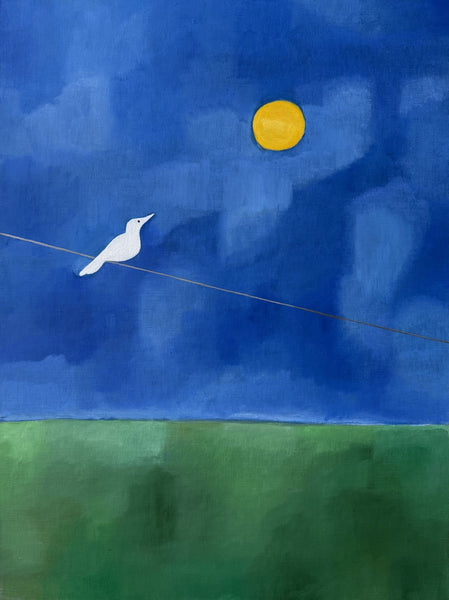 A stylized painting of a blue sky with a yellow sun, a white bird perched on a wire, and a green ground plane.