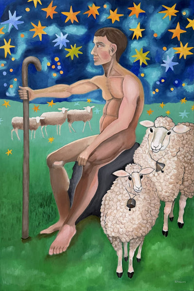A stylized painting of a nude shepherd sitting on a rock with a staff, accompanied by sheep in a grassy field under a starry night sky.