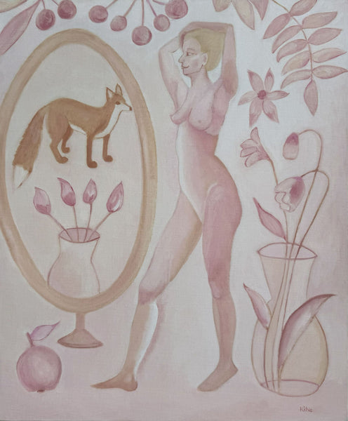 A stylized pastel painting featuring a nude woman standing beside an oval mirror with a fox reflected, surrounded by flowers, leaves, and vases on a pale pink background.