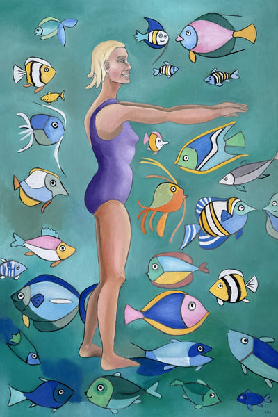 A colorful painting of a woman in a purple swimsuit standing among numerous tropical fish against a teal underwater-style background.