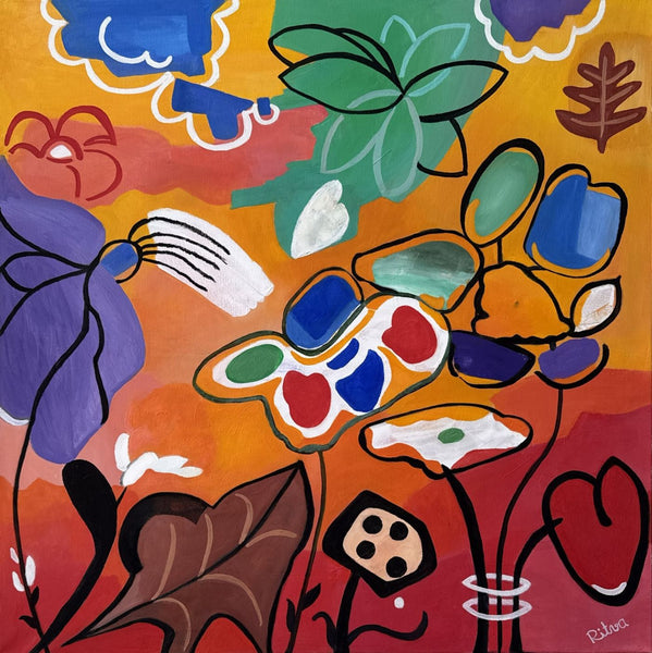 Colorful abstract floral painting with bold outlines and expressive brushstrokes in orange, red, yellow, green, blue, purple, brown, and white.