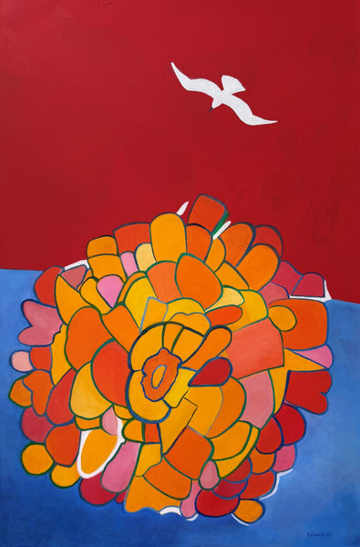 An abstract painting featuring a large, stylized flower in shades of orange, yellow, red, and pink on a blue base, with a white bird flying against a solid red sky.