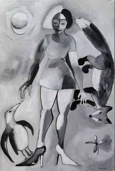 A monochrome abstract painting featuring a stylized nude female figure standing with high heels, alongside a fox, a penguin, a hat, and a butterfly, rendered in grayscale tones.